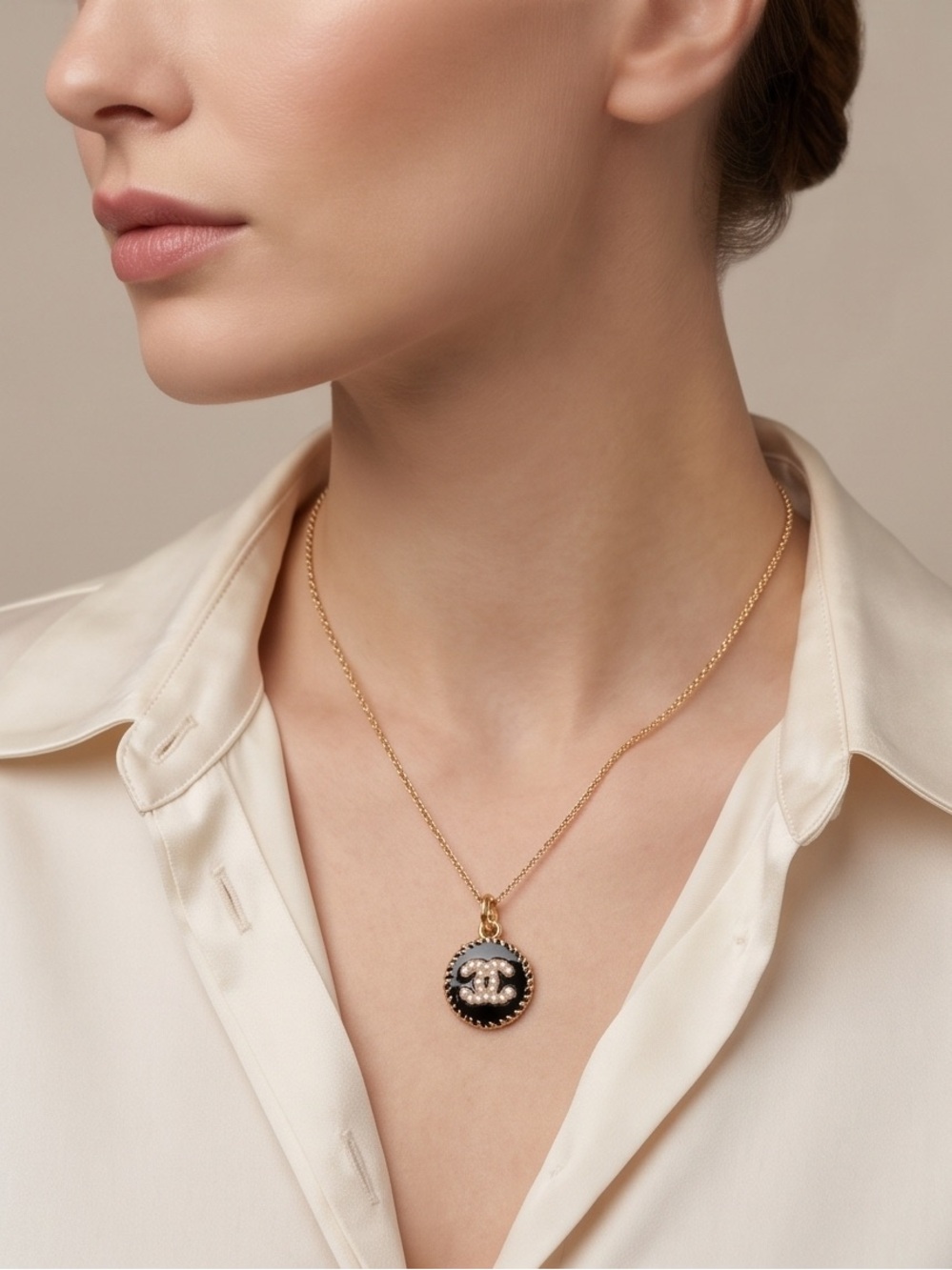 Unbranded Gold Pendant Necklace with Black Enamel and Pearl Accent